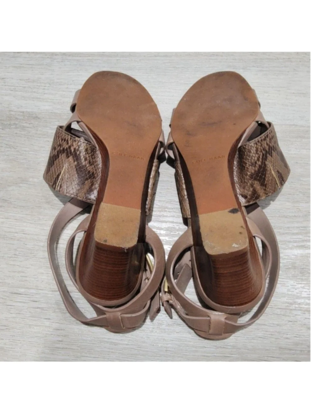 Cole Haan Sandals Womens 7 Brown Leather Wedge Snakeskin Strap Buckle Casual